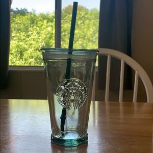 Starbucks glass cup with lid and straw